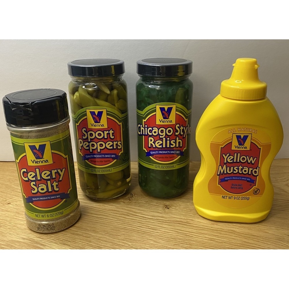VIENNA BEEF Chicago Style Hot Dog Kit Neon Relish Mustard Celery Salt Peppers